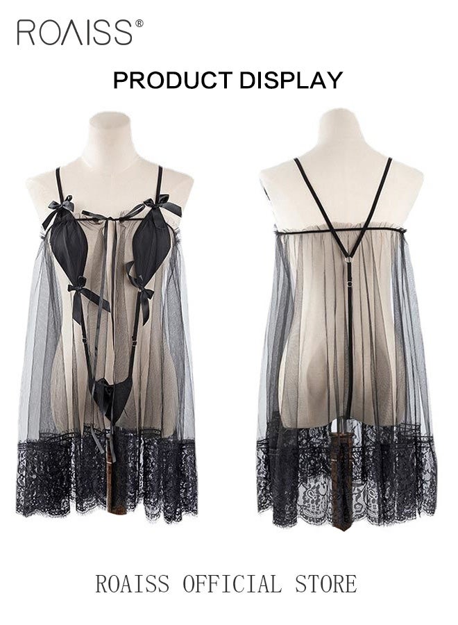 roaiss Lace Floral Lingerie Set for Women One Piece Mesh Spaghetti Strap Underwear Ladies Comfy and Breathable Sleeveless Loose Dress with Embroidery Texture Lace Trim  - Image 1