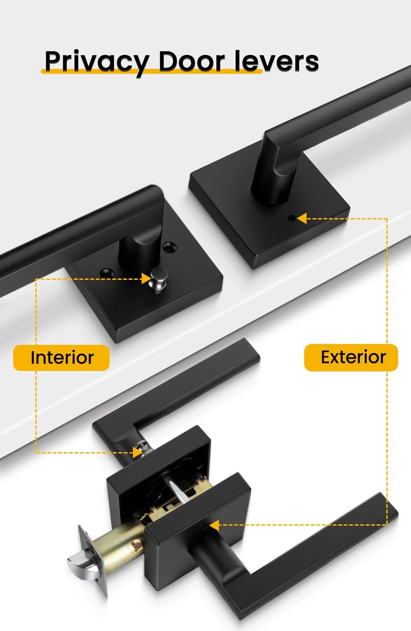 Goldenwarm Black Door Handles Interior, Matte Black Privacy Door Handles, Square Black Door Lever Interior for Bathroom Bedroom (6 Pack) - Image 5