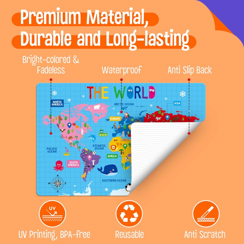 SpriteGru 6 Pack Placemats for Kids, Non-Slip Washable, Reusable Alphabet, Number, Shape & Color, Universe, Map Themed Educational Placemats for Home, Kindergarten, Classroom, Nursery - Image 4