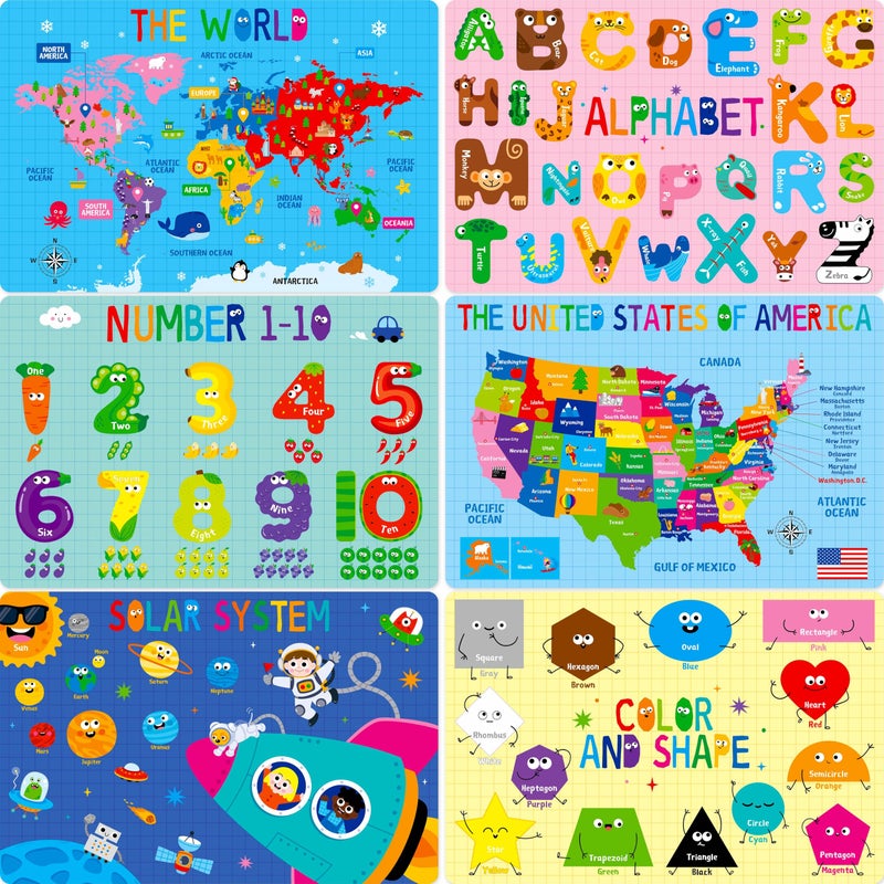 SpriteGru 6 Pack Placemats for Kids, Non-Slip Washable, Reusable Alphabet, Number, Shape & Color, Universe, Map Themed Educational Placemats for Home, Kindergarten, Classroom, Nursery - Image 1