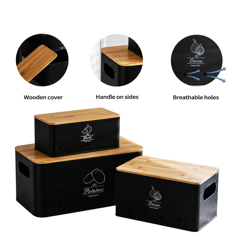 Tenforie Potato Onion and Garlic Storage Bin Set of 3, Black Metal Kitchen Vegetable Canisters with Bamboo Lid and Aerating Holes, Stackable Kitchen Storage Tin for Countertop Pantry - Image 5
