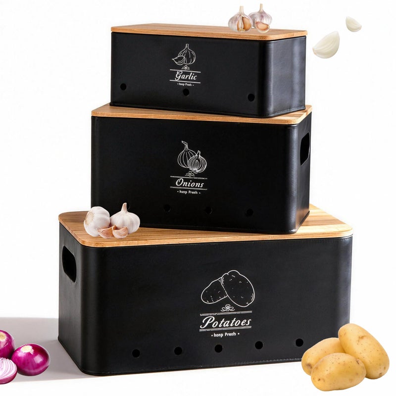 Tenforie Potato Onion and Garlic Storage Bin Set of 3, Black Metal Kitchen Vegetable Canisters with Bamboo Lid and Aerating Holes, Stackable Kitchen Storage Tin for Countertop Pantry - Image 1