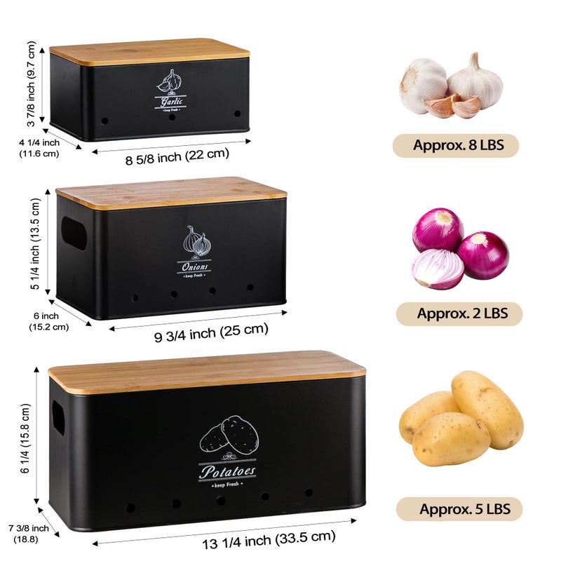 Tenforie Potato Onion and Garlic Storage Bin Set of 3, Black Metal Kitchen Vegetable Canisters with Bamboo Lid and Aerating Holes, Stackable Kitchen Storage Tin for Countertop Pantry - Image 4
