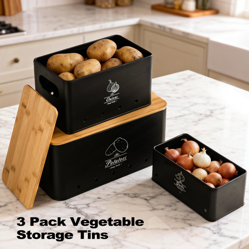 Tenforie Potato Onion and Garlic Storage Bin Set of 3, Black Metal Kitchen Vegetable Canisters with Bamboo Lid and Aerating Holes, Stackable Kitchen Storage Tin for Countertop Pantry - Image 2