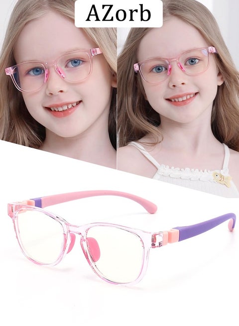 Kids Blue Light Blocking Glasses Silicon Material Anti Eyestrain UV Blocking Reading Glasses Gaming Computer Eyeglasses Light Weight Frame for Kids 3 to10 Year Old Pink