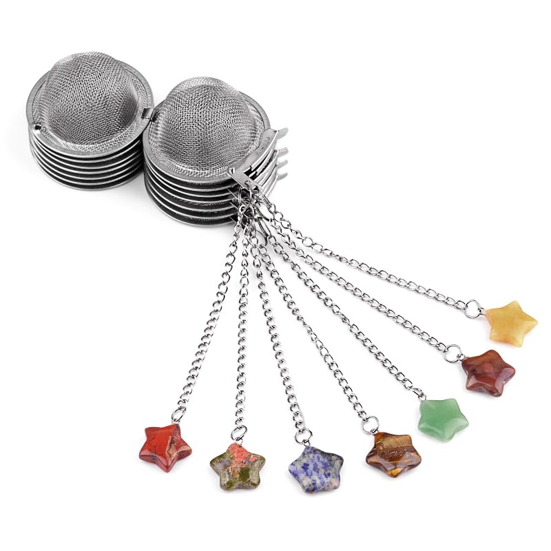 LHJ 5 Pcs Tea Filter Stainless Steel with Star Crystal Energy Stone Tea Strainers with Fine Mesh Extend Chain Hook Tea Ball Infuser for Loose Tea Leaves Spices Seasonings - Image 1