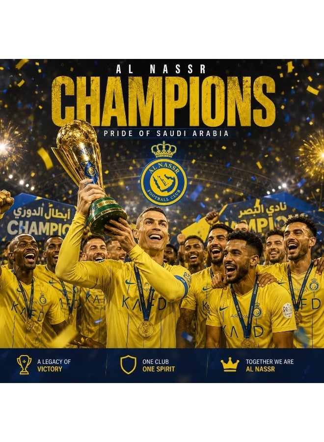 وشاح مشجعي نادي النصر (فئة الأبطال) بتصميم كريستيانو رونالدو – وشاح عالي الجودة باللونين الأصفر والأزرق، مصنوع من البوليستر الناعم، مثالي لأيام المباريات والتواجد في الملعب، ويُعد هدية رائعة وقطعة مميزة لمقتنيات مشجعي النصر. - Image 5