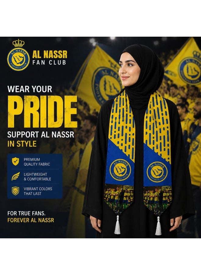 وشاح مشجعي نادي النصر (فئة الأبطال) بتصميم كريستيانو رونالدو – وشاح عالي الجودة باللونين الأصفر والأزرق، مصنوع من البوليستر الناعم، مثالي لأيام المباريات والتواجد في الملعب، ويُعد هدية رائعة وقطعة مميزة لمقتنيات مشجعي النصر. - Image 4