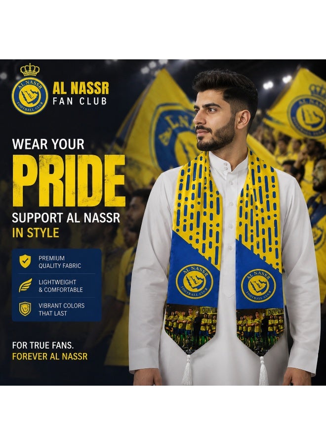 وشاح مشجعي نادي النصر (فئة الأبطال) بتصميم كريستيانو رونالدو – وشاح عالي الجودة باللونين الأصفر والأزرق، مصنوع من البوليستر الناعم، مثالي لأيام المباريات والتواجد في الملعب، ويُعد هدية رائعة وقطعة مميزة لمقتنيات مشجعي النصر. - Image 2