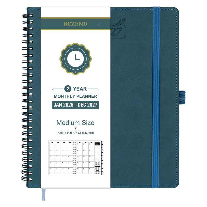 BEZEND Monthly Planner 2026-2027 (Spiral-7" x 9") 2 Year Calendar Book with Note Pages - Jan 26 to Dec 27-120 GSM Paper, Inner Pockets, Laminated Tabs, Vegan Leather Softcover - Dark Green - Image 1