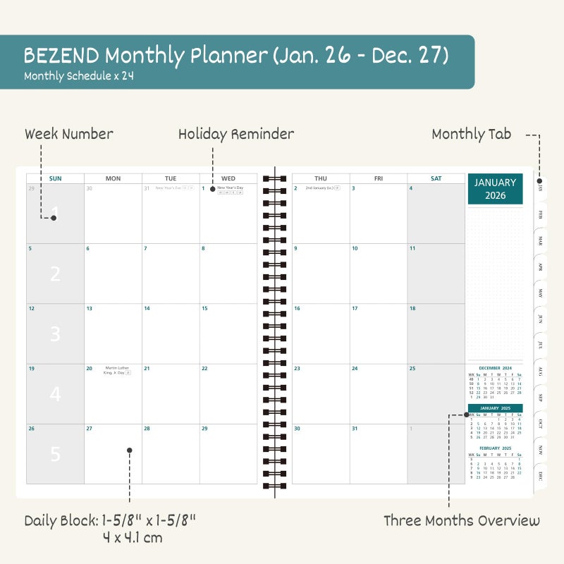 BEZEND Monthly Planner 2026-2027 (Spiral-7" x 9") 2 Year Calendar Book with Note Pages - Jan 26 to Dec 27-120 GSM Paper, Inner Pockets, Laminated Tabs, Vegan Leather Softcover - Dark Green - Image 3