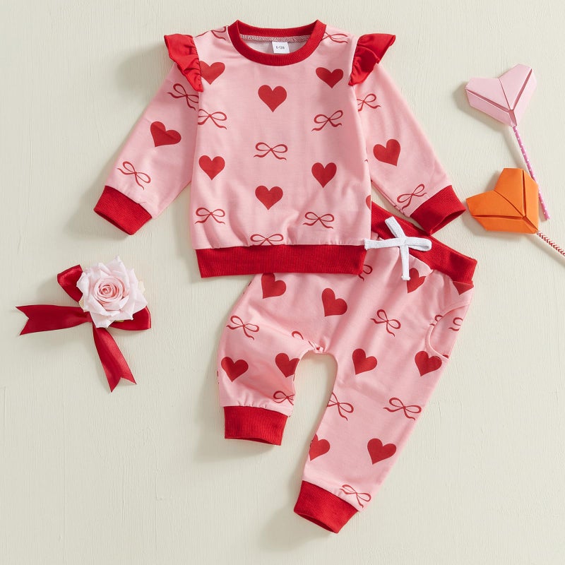 DuAnyozu Baby Girl Valentines Outfit Winter Clothes Heart Print Long Sleeve Sweatshirts Pants Toddler Infant Clothing (d-Red, 0-6 Months) - Image 2