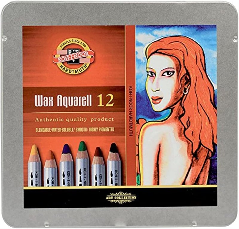 KOH-I-NOOR 8282 Aquarell Coloured Fine Wax Pastels in Tin (Pack of 12) - Image 1