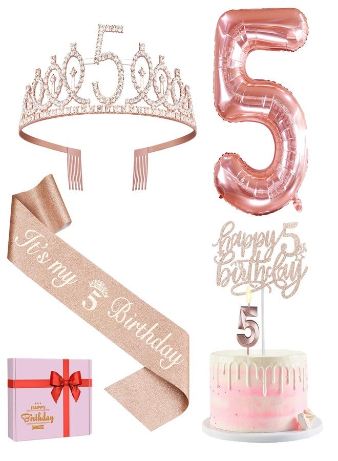 YeohJoy 5th Birthday Decorations for Girls, Including 5th Birthday Sash and Tiara, 5 Candles and Cake Toppers, Rose Gold Balloons and 3D Birthday Card, Funny 5th Birthday Gifts for Girls 5 Birthday - Image 1