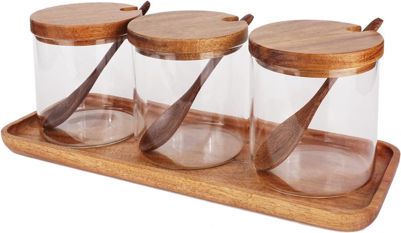 ChicAbode 3 Pcs Glass Spice Jars with Wooden Lids, 8.5oz Stylish Kitchen Canisters, Elegant Glass Condiment Containers with Wooden Spoons, Convenient to Store, for Sugar Salt Pepper - Image 1