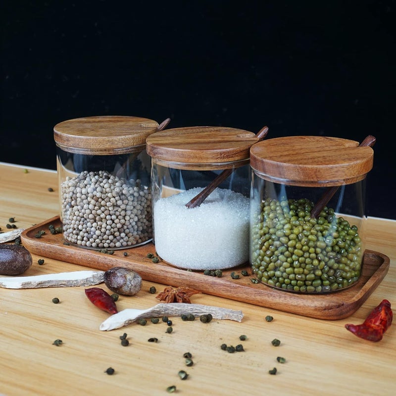 ChicAbode 3 Pcs Glass Spice Jars with Wooden Lids, 8.5oz Stylish Kitchen Canisters, Elegant Glass Condiment Containers with Wooden Spoons, Convenient to Store, for Sugar Salt Pepper - Image 3