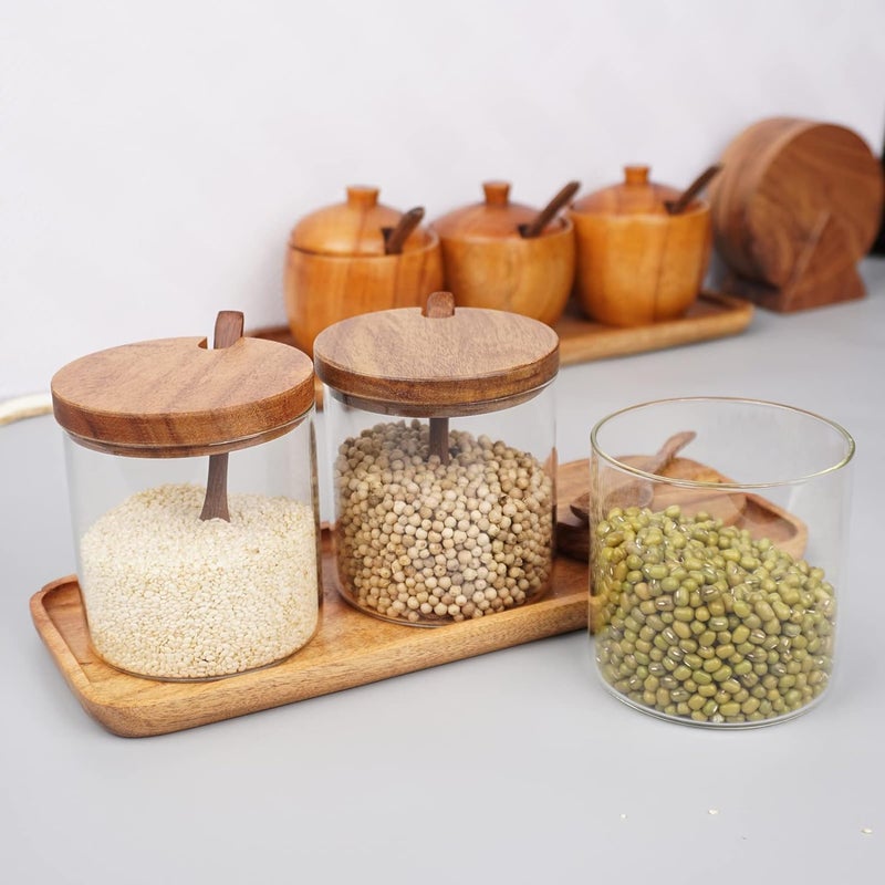 ChicAbode 3 Pcs Glass Spice Jars with Wooden Lids, 8.5oz Stylish Kitchen Canisters, Elegant Glass Condiment Containers with Wooden Spoons, Convenient to Store, for Sugar Salt Pepper - Image 4