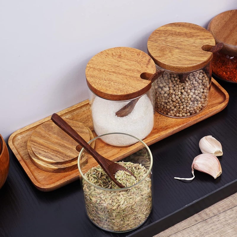 ChicAbode 3 Pcs Glass Spice Jars with Wooden Lids, 8.5oz Stylish Kitchen Canisters, Elegant Glass Condiment Containers with Wooden Spoons, Convenient to Store, for Sugar Salt Pepper - Image 2