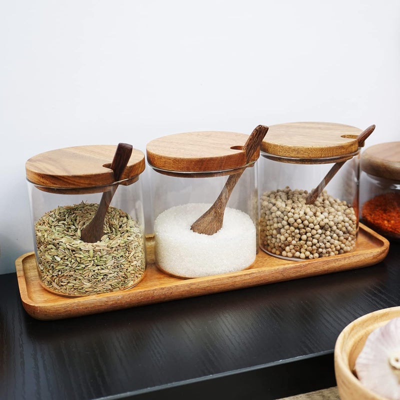 ChicAbode 3 Pcs Glass Spice Jars with Wooden Lids, 8.5oz Stylish Kitchen Canisters, Elegant Glass Condiment Containers with Wooden Spoons, Convenient to Store, for Sugar Salt Pepper - Image 5
