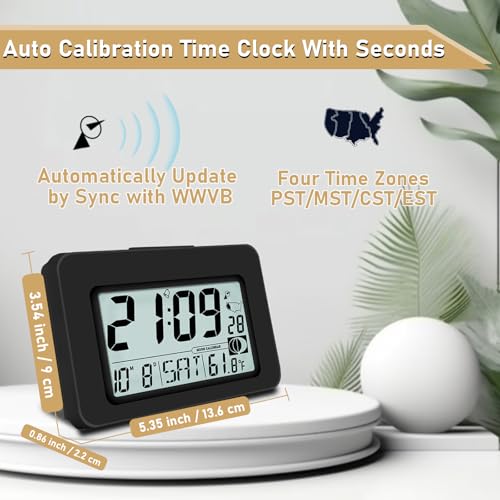 QINYUNE Handy Atomic Alarm Clock - 6'' Battery Operated Digital Clock with Seconds, Self-Setting, Auto Sync, DST, Selectable Time Zones,Portable Travel Desk Clock with 5s Touch Backlight for Bedroom - Image 3