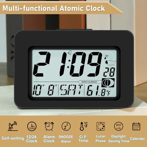 QINYUNE Handy Atomic Alarm Clock - 6'' Battery Operated Digital Clock with Seconds, Self-Setting, Auto Sync, DST, Selectable Time Zones,Portable Travel Desk Clock with 5s Touch Backlight for Bedroom - Image 2