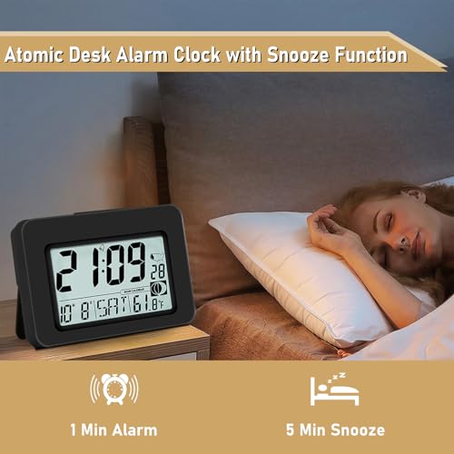 QINYUNE Handy Atomic Alarm Clock - 6'' Battery Operated Digital Clock with Seconds, Self-Setting, Auto Sync, DST, Selectable Time Zones,Portable Travel Desk Clock with 5s Touch Backlight for Bedroom - Image 5