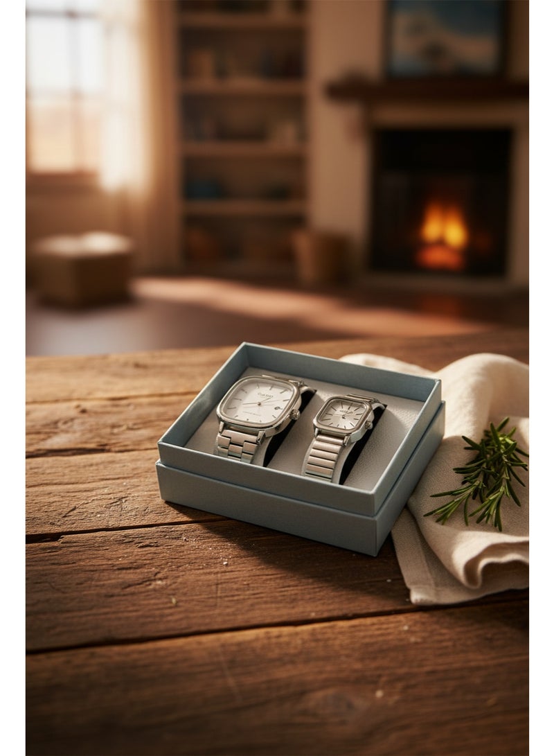 كاسيو طقم ساعات كاسيو زوجي من الستانلس ستيل – مينا فضي – حركة كوارتز - Image 1