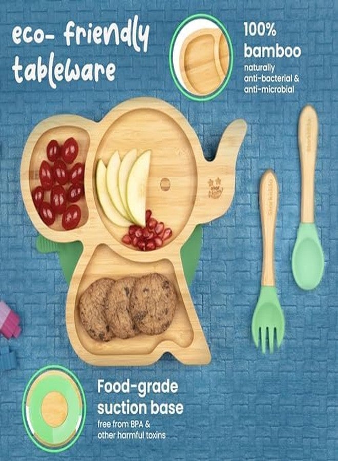 StarKiddo Tusker Bamboo Suction Plates for Baby and Toddler with Adjustable Printed Bib and Weaning Spoon | BPA Free Non-Toxic | Baby-Led Weaning Supplies for Toddler Self-Feeding (Combo-Green) - Image 4