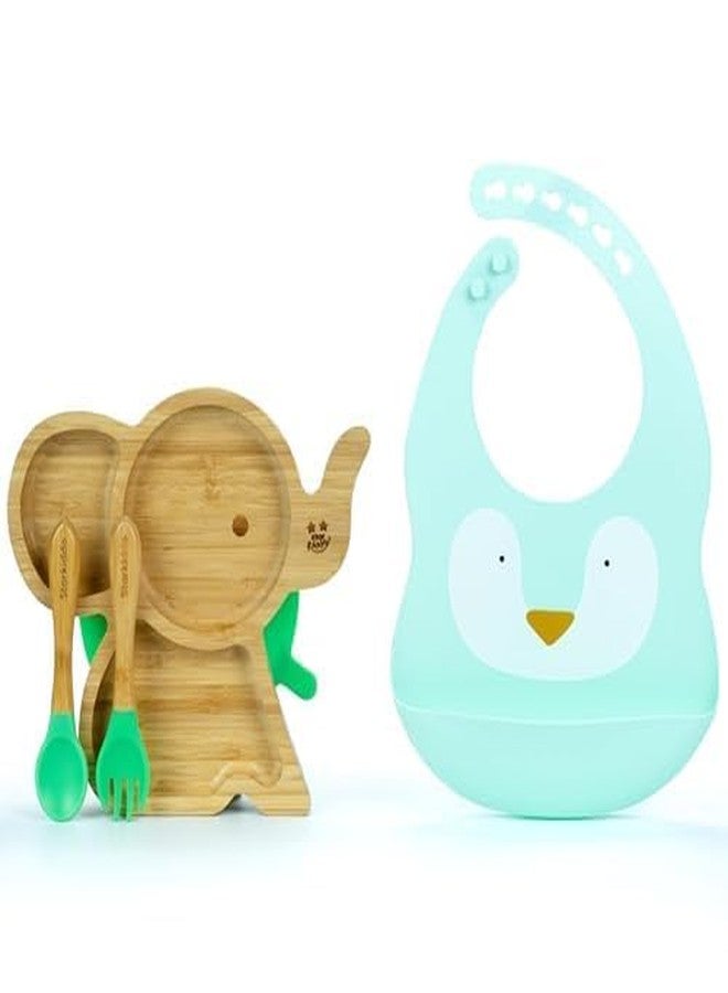 StarKiddo Tusker Bamboo Suction Plates for Baby and Toddler with Adjustable Printed Bib and Weaning Spoon | BPA Free Non-Toxic | Baby-Led Weaning Supplies for Toddler Self-Feeding (Combo-Green) - Image 1