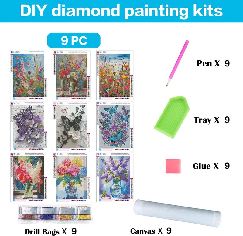 Meothan 9 Pack Diamond Art Kits for Adults, Flowers Diamond Painting Kits for Adults, 5D DIY Round Drill Gem Art Paint with Diamonds Dots Crafts Ste for Home Decor Gift 12x16inch - Image 5