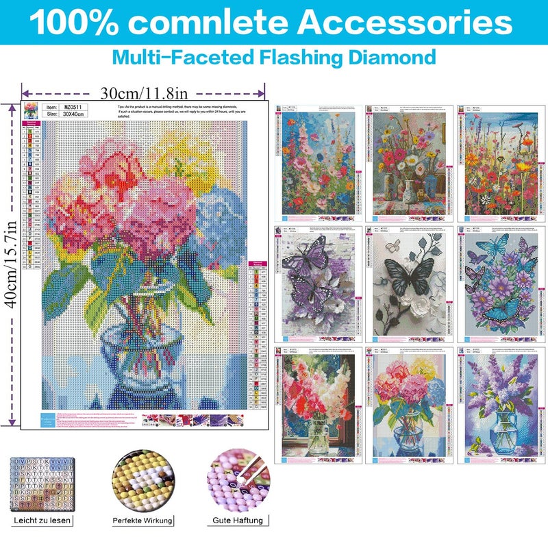 Meothan 9 Pack Diamond Art Kits for Adults, Flowers Diamond Painting Kits for Adults, 5D DIY Round Drill Gem Art Paint with Diamonds Dots Crafts Ste for Home Decor Gift 12x16inch - Image 3