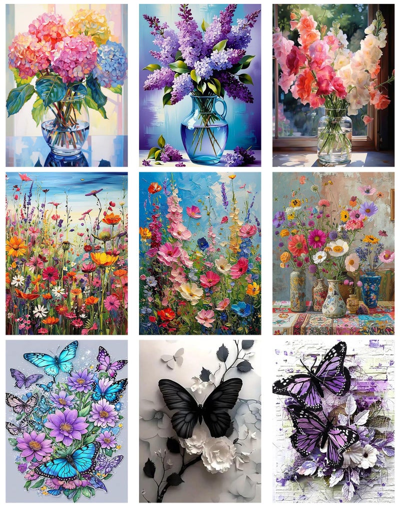 Meothan 9 Pack Diamond Art Kits for Adults, Flowers Diamond Painting Kits for Adults, 5D DIY Round Drill Gem Art Paint with Diamonds Dots Crafts Ste for Home Decor Gift 12x16inch - Image 1