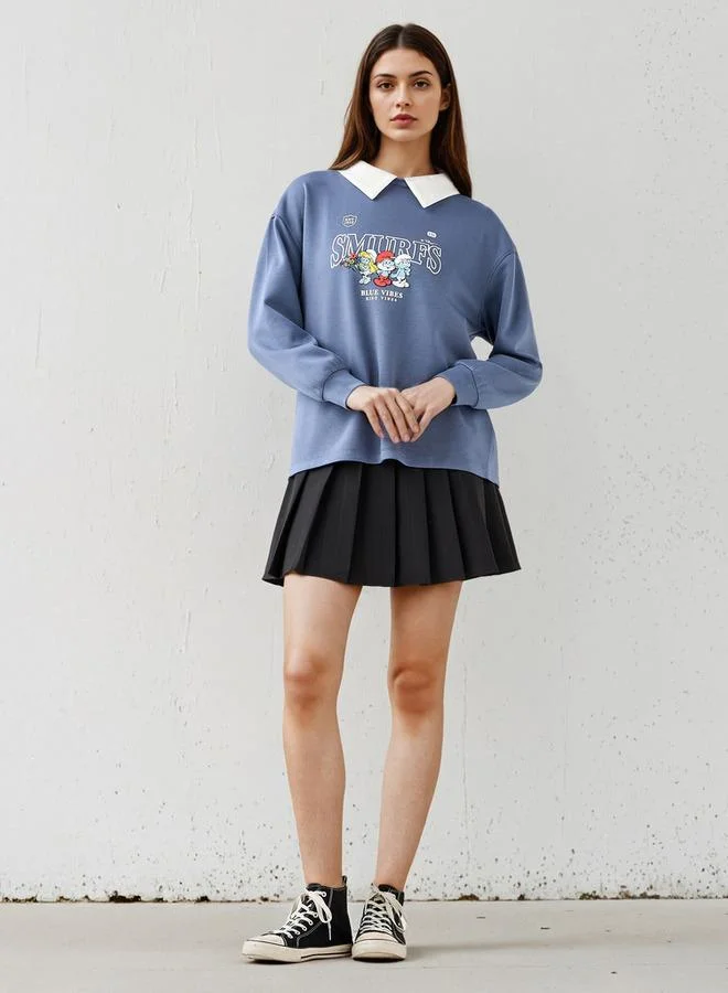 SP Characters Smurfs Print Sweatshirt with Contrast Collar