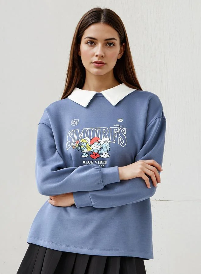 SP Characters Smurfs Print Sweatshirt with Contrast Collar