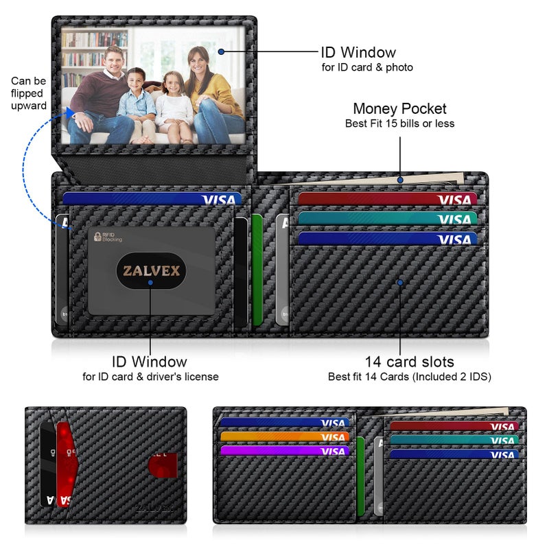 ZALVEX Wallet for Men Slim RFID Blocking Leather Credit Card Holder Wallet for 14 Cards, Bifold Minimalist Thin Wallet with 2 ID Windows & Cash Slot, Front Pockt Carteras Para Hombres, Birthday Gifts for Men - Image 2
