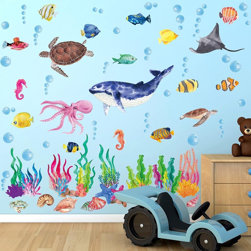 Chinco 114 Piece Ocean Fish Wall Decals Under The Sea Wall Decals  Under The Sea Fish  Jellyfish Removable Decor  Peel  Stick  for Kids Baby Bathroom Bedroom Living Room - Image 1