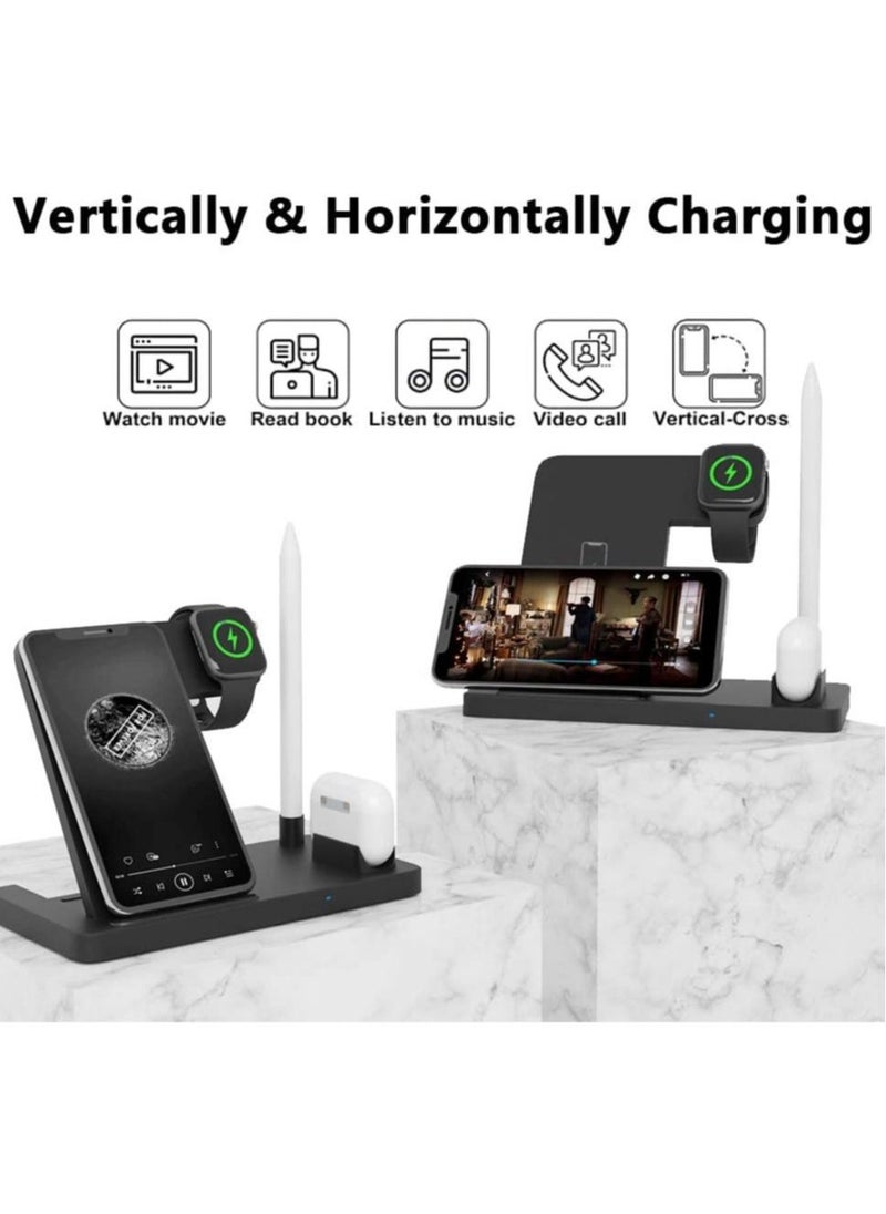 4-In-1 Wireless Qi Certificated Charging Stand with Adapter for Apple AirPods/Watch Series/Pencil/iPhone /Samsung