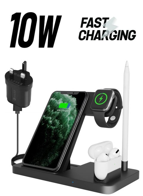 4-In-1 Wireless Qi Certificated Charging Stand with Adapter for Apple AirPods/Watch Series/Pencil/iPhone /Samsung