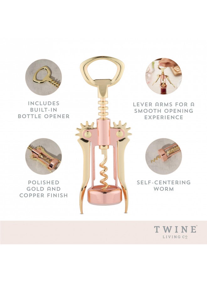 Twine Two-Tone Copper and Gold Winged Corkscrew, Self Centering Worm, Wine Bottle Opener, Lever Arms, Stainless Steel Set of 1 - Image 3