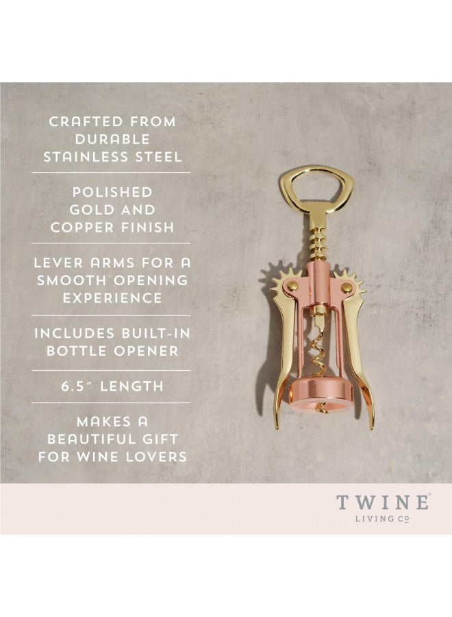 Twine Two-Tone Copper and Gold Winged Corkscrew, Self Centering Worm, Wine Bottle Opener, Lever Arms, Stainless Steel Set of 1 - Image 2