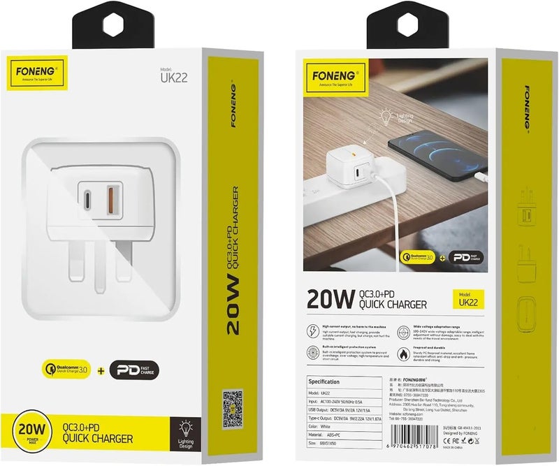 FONENG UK22 QC+PD 20W Fast Charger (Fast 3A) - SG - Image 3