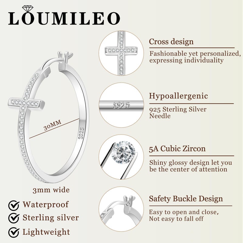 LOUMILEO Silver Hoop Earrings for Women Hypoallergenic 925 Sterling Silver Hoops Earrings Sparkly Rhinestone Hoop Earring Lightweight Large Silver Cubic Zirconia Cross Hoop Earrings 30MM - Image 4