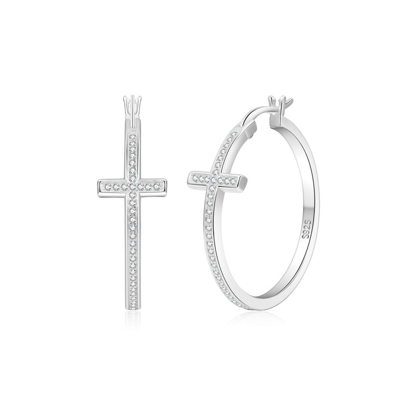 LOUMILEO Silver Hoop Earrings for Women Hypoallergenic 925 Sterling Silver Hoops Earrings Sparkly Rhinestone Hoop Earring Lightweight Large Silver Cubic Zirconia Cross Hoop Earrings 30MM - Image 1