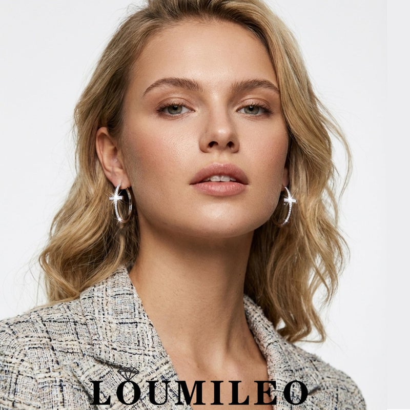 LOUMILEO Silver Hoop Earrings for Women Hypoallergenic 925 Sterling Silver Hoops Earrings Sparkly Rhinestone Hoop Earring Lightweight Large Silver Cubic Zirconia Cross Hoop Earrings 30MM - Image 2