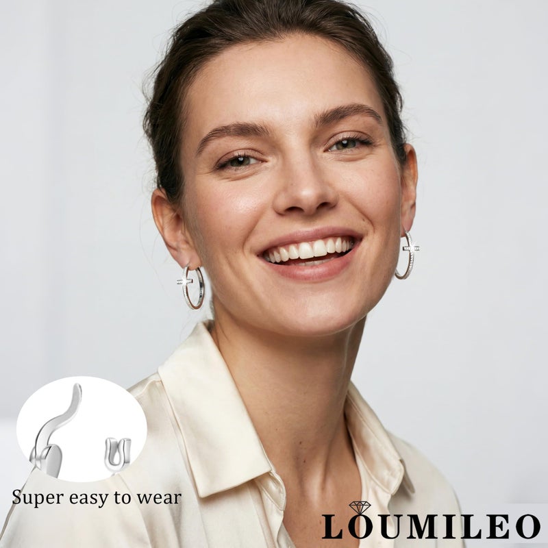 LOUMILEO Silver Hoop Earrings for Women Hypoallergenic 925 Sterling Silver Hoops Earrings Sparkly Rhinestone Hoop Earring Lightweight Large Silver Cubic Zirconia Cross Hoop Earrings 30MM - Image 3