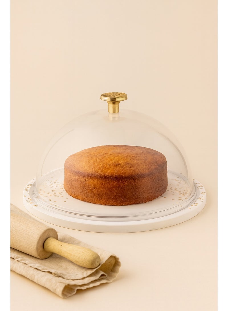 Raz Luxury White Cake Stand with Clear Dome & Gold Detailing – Elegant Dessert Display Cover - Image 1