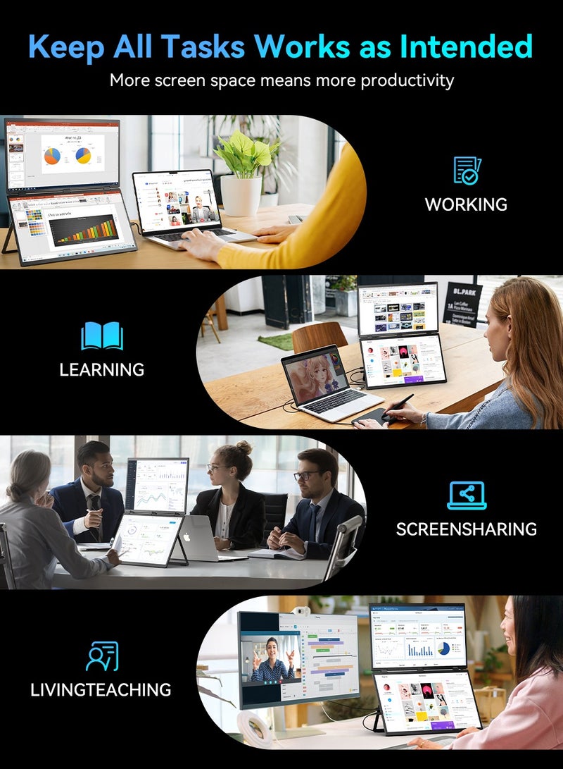 أوبيرفكت UPERFECT دلتا دلتا 18.5 بوصة 100 هرتز شاشة محمولة مزدوجة لشاشة الكمبيوتر المحمول 1080P HDR 360 درجة قابلة للطي ثلاثية قابلة للطي مع حامل و VESA لوحدة تحكم ألعاب الكمبيوتر المحمول والهاتف المحمول (لا حاجة إلى سائق) - Image 5