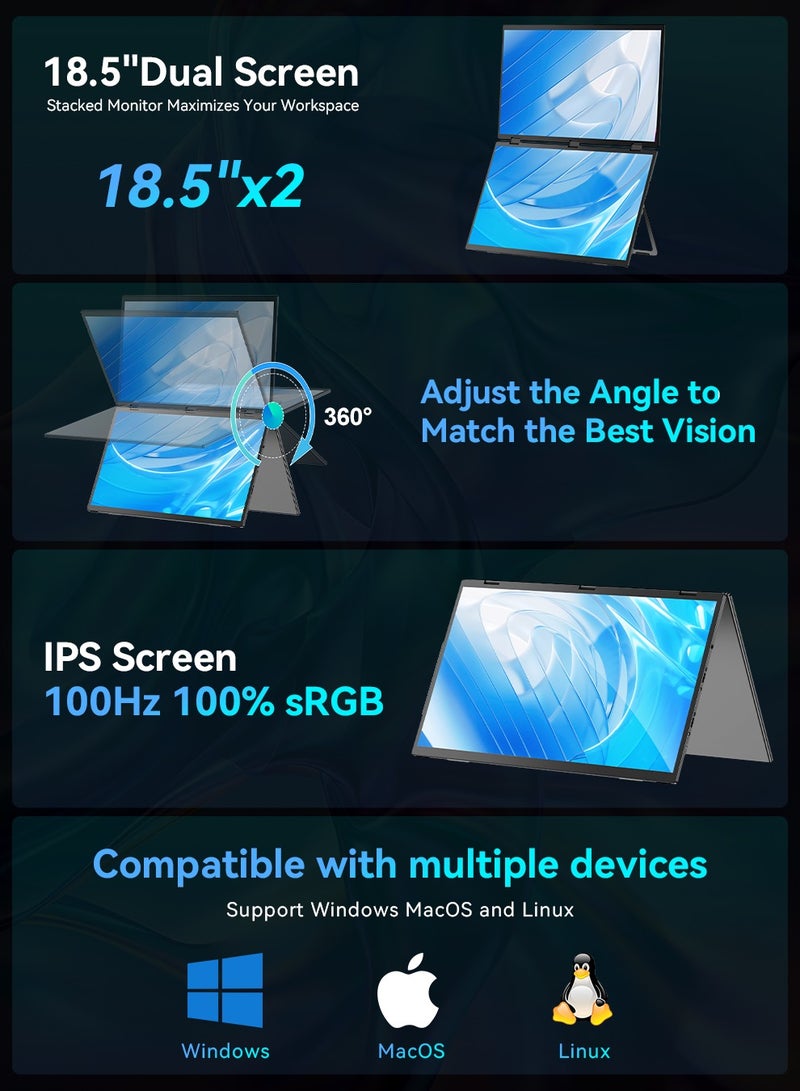 أوبيرفكت UPERFECT دلتا دلتا 18.5 بوصة 100 هرتز شاشة محمولة مزدوجة لشاشة الكمبيوتر المحمول 1080P HDR 360 درجة قابلة للطي ثلاثية قابلة للطي مع حامل و VESA لوحدة تحكم ألعاب الكمبيوتر المحمول والهاتف المحمول (لا حاجة إلى سائق) - Image 3