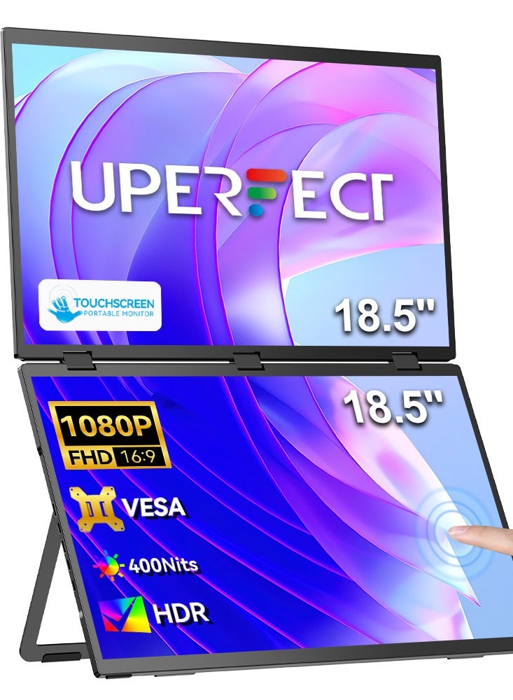 أوبيرفكت UPERFECT دلتا دلتا 18.5 بوصة 100 هرتز شاشة محمولة مزدوجة لشاشة الكمبيوتر المحمول 1080P HDR 360 درجة قابلة للطي ثلاثية قابلة للطي مع حامل و VESA لوحدة تحكم ألعاب الكمبيوتر المحمول والهاتف المحمول (لا حاجة إلى سائق) - Image 1