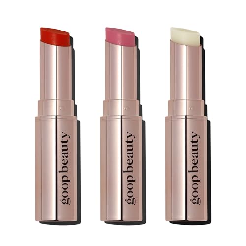 goop Beauty Lip Balm Trio  Clean Moisturizer for Chapped Cracked  Dry Lips  Clear Peony  Tomato  Tinted for Sheer Color  Petroleum Free  016 fl oz Each